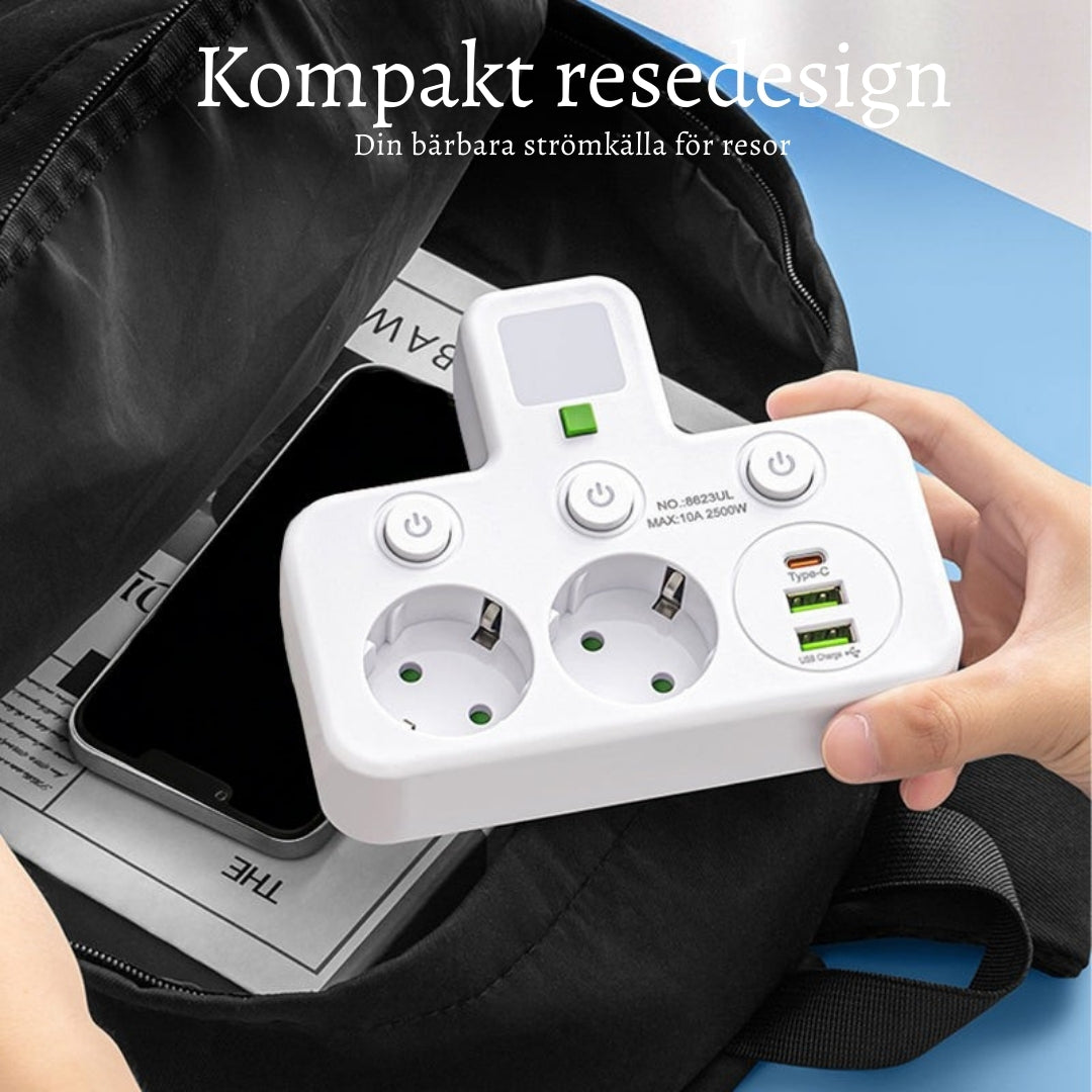 StrömKlar – Kompakt grenuttag med USB-portar och nattlampa