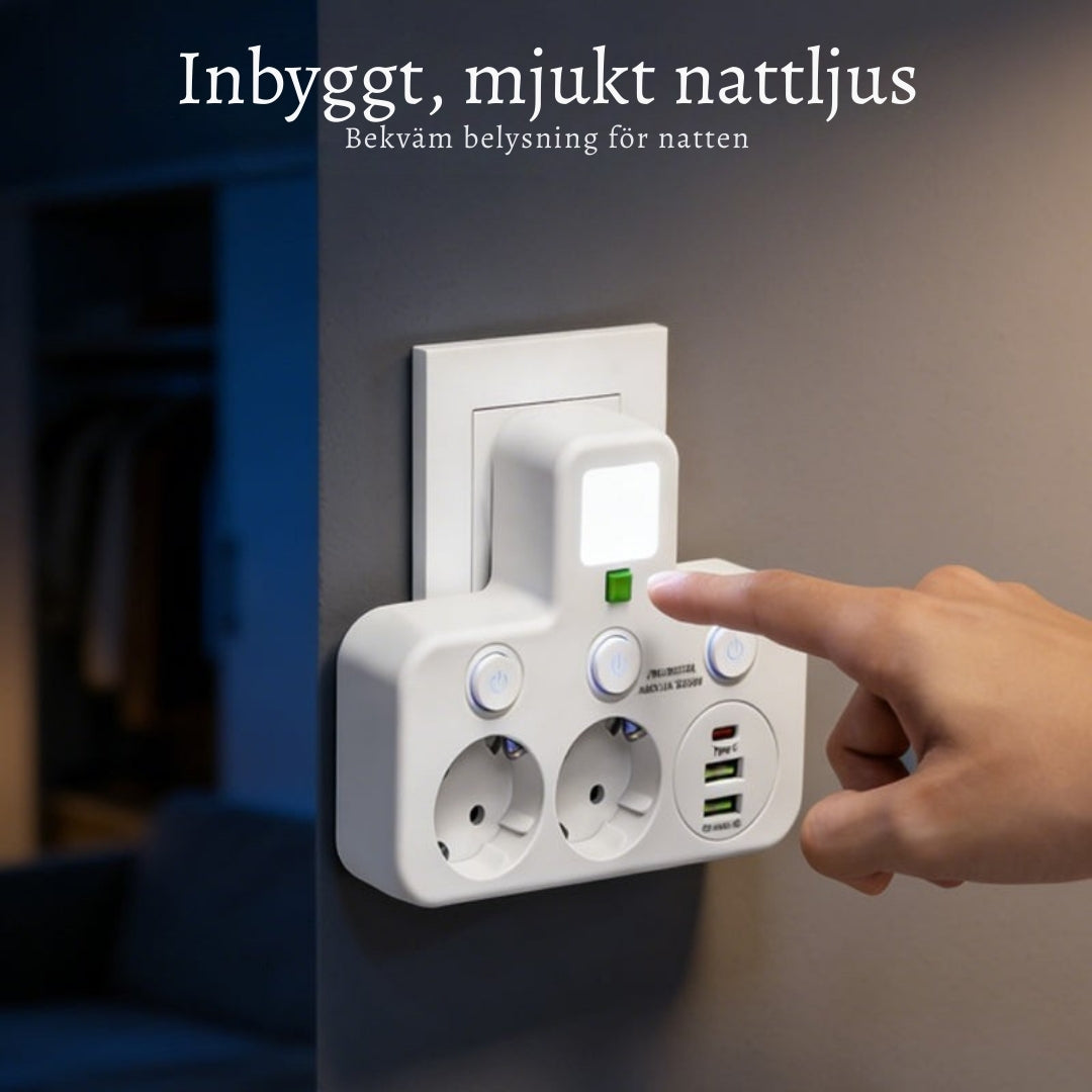 StrömKlar – Kompakt grenuttag med USB-portar och nattlampa