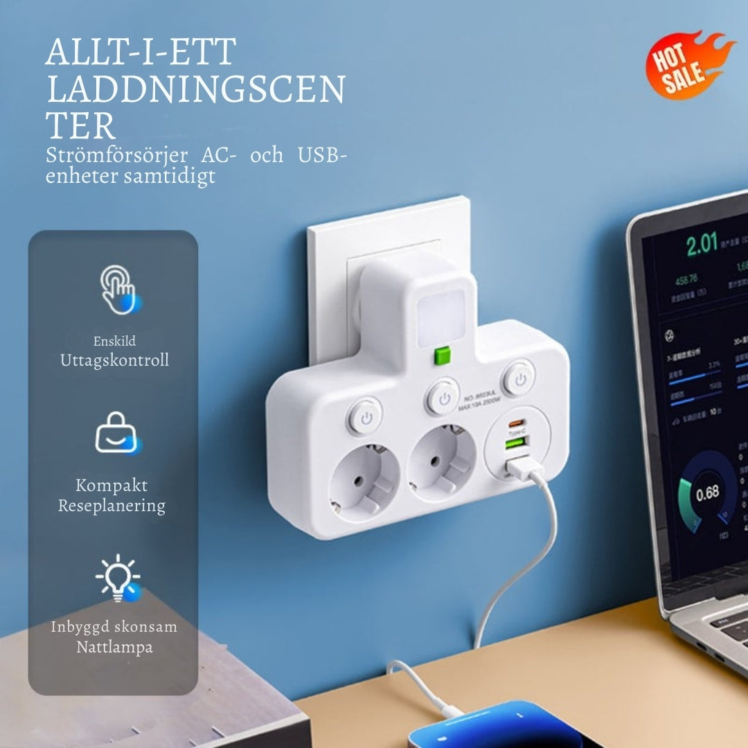 StrömKlar – Kompakt grenuttag med USB-portar och nattlampa