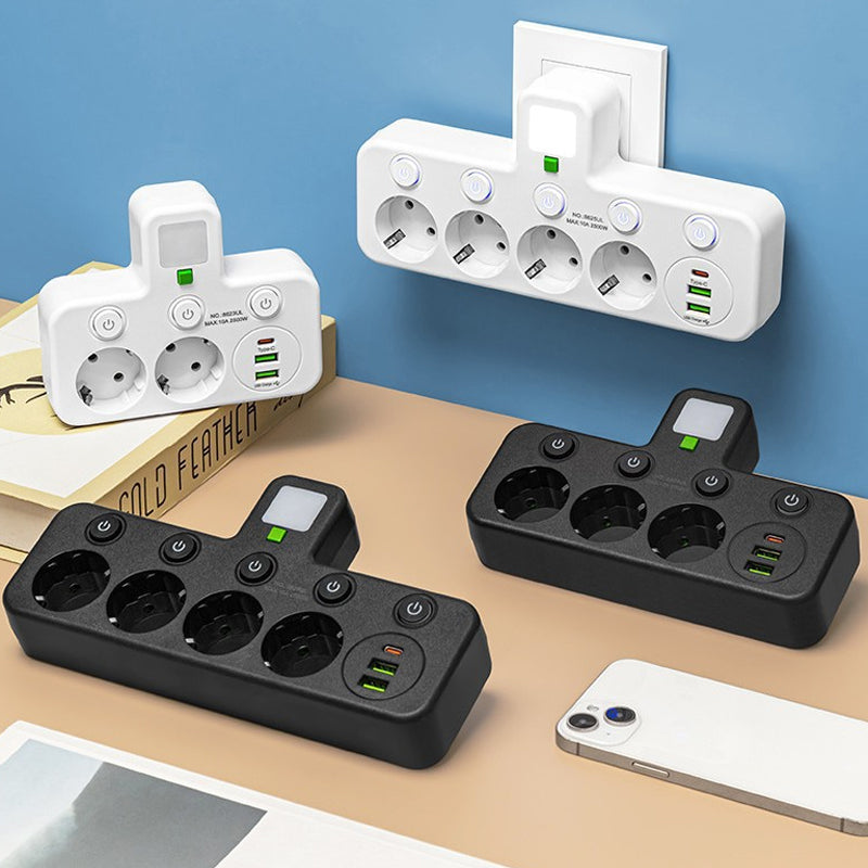 StrömKlar – Kompakt grenuttag med USB-portar och nattlampa