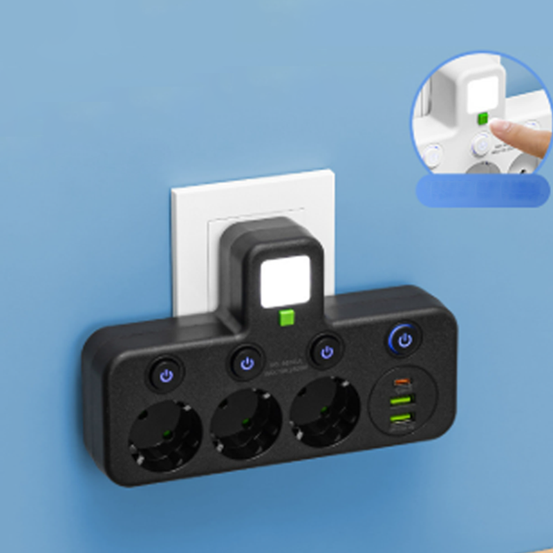 StrömKlar – Kompakt grenuttag med USB-portar och nattlampa